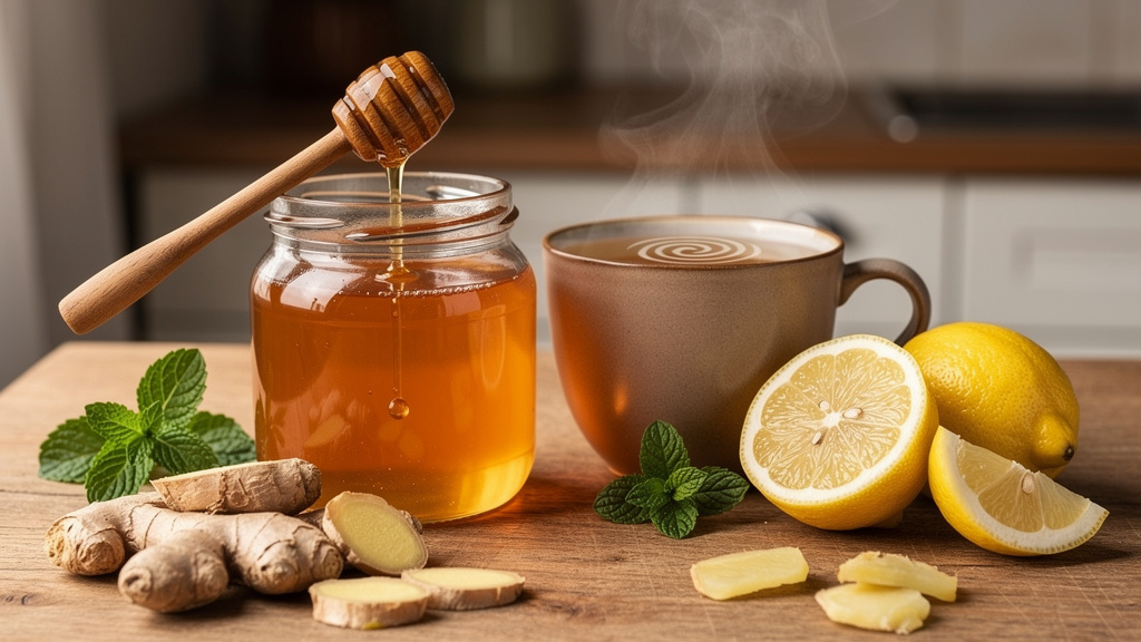 Natürliche Hausmittel: Honig, Zitrone und Ingwer auf Holztisch